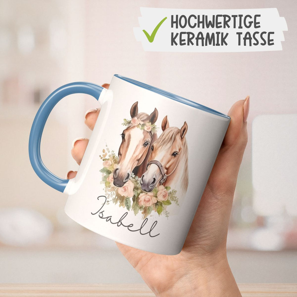 Keramik Tasse Zwei Pferde mit Herzen und Wunschname - von Mikalino