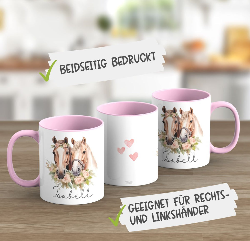 Keramik Tasse Zwei Pferde mit Herzen und Wunschname - von Mikalino