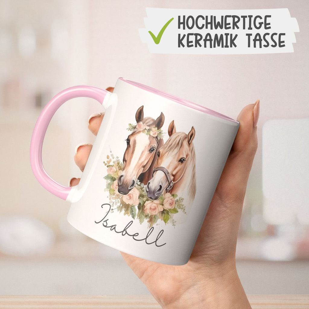 Keramik Tasse Zwei Pferde mit Herzen und Wunschname - von Mikalino