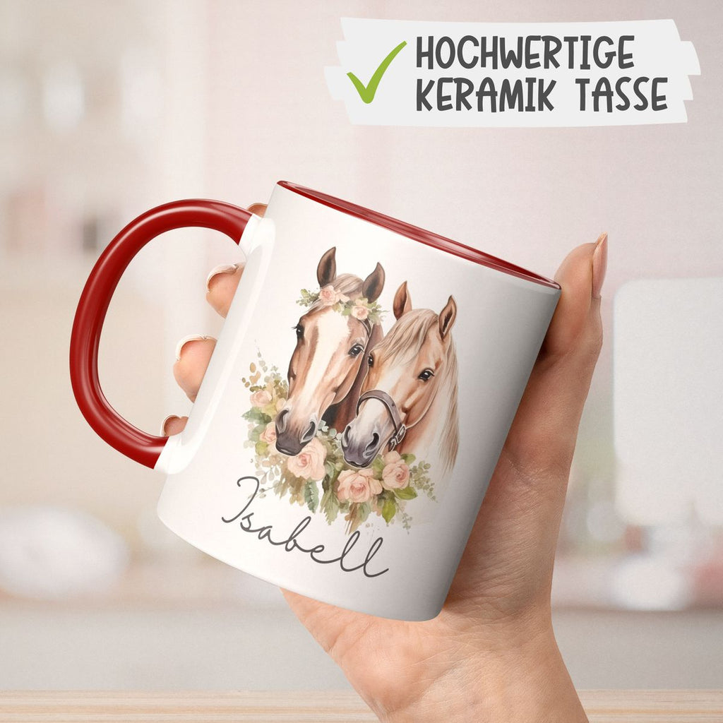 Keramik Tasse Zwei Pferde mit Herzen und Wunschname - von Mikalino