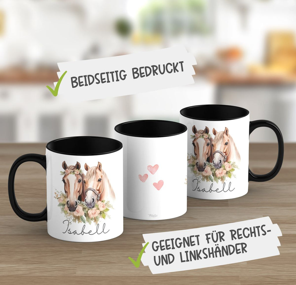 Keramik Tasse Zwei Pferde mit Herzen und Wunschname - von Mikalino