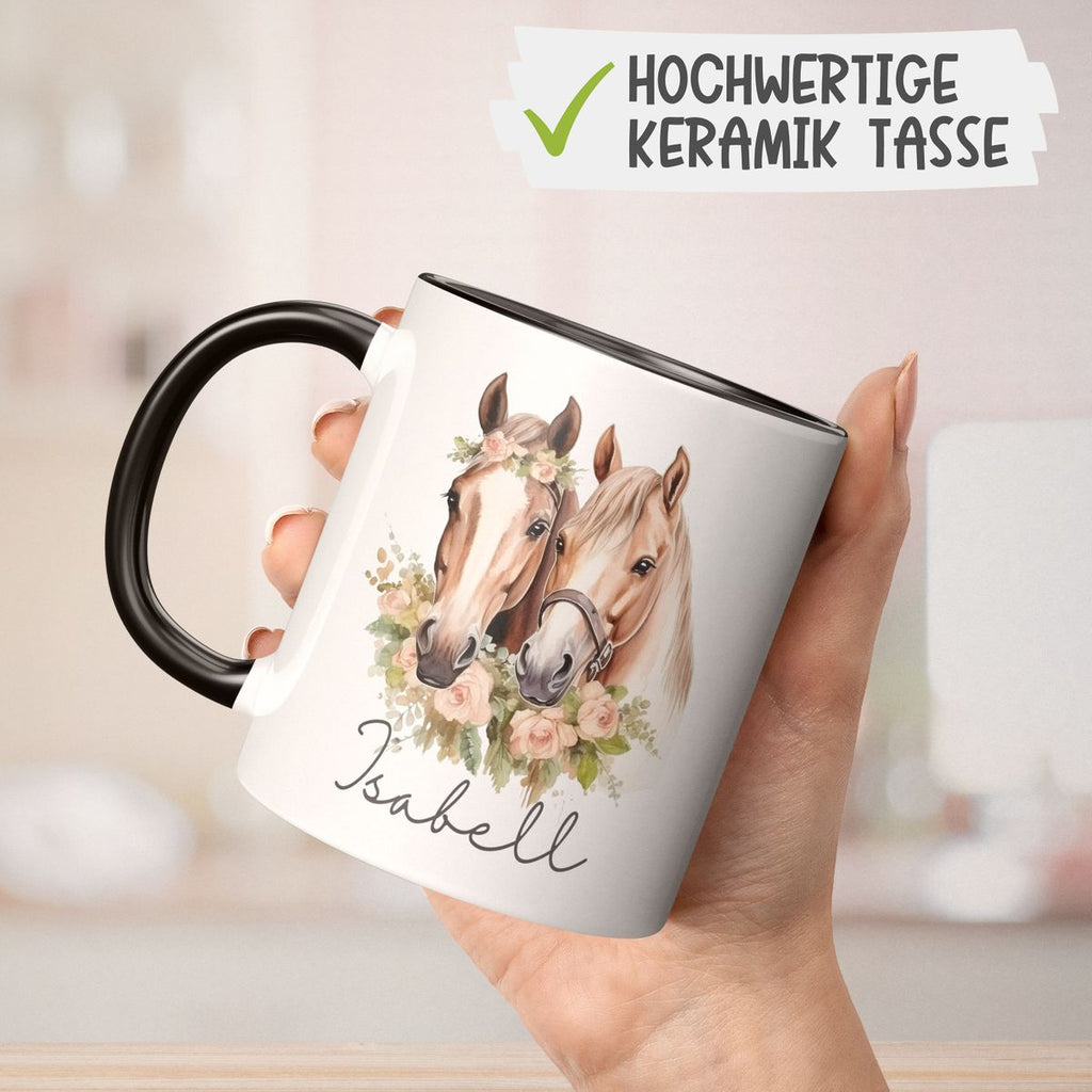 Keramik Tasse Zwei Pferde mit Herzen und Wunschname - von Mikalino