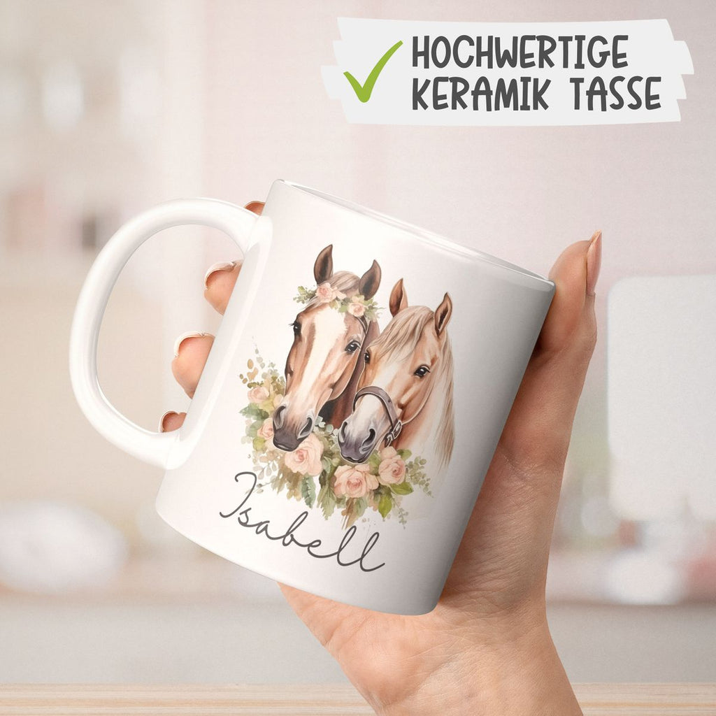 Keramik Tasse Zwei Pferde mit Herzen und Wunschname - von Mikalino