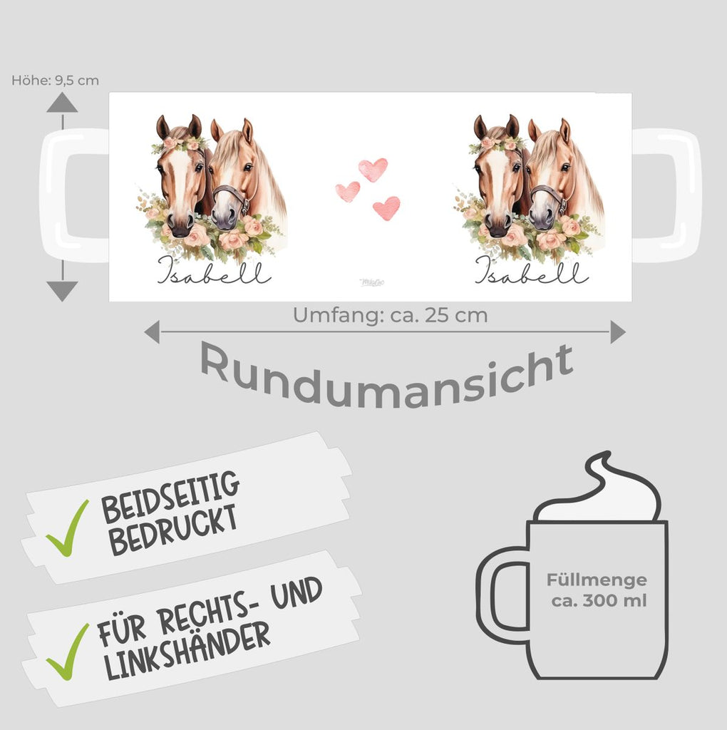 Keramik Tasse Zwei Pferde mit Herzen und Wunschname - von Mikalino