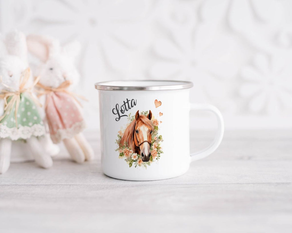 Emaille Tasse Pferd mit Blumen und Wunschname - von Mikalino