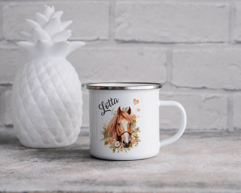 Emaille Tasse Pferd mit Blumen und Wunschname - von Mikalino