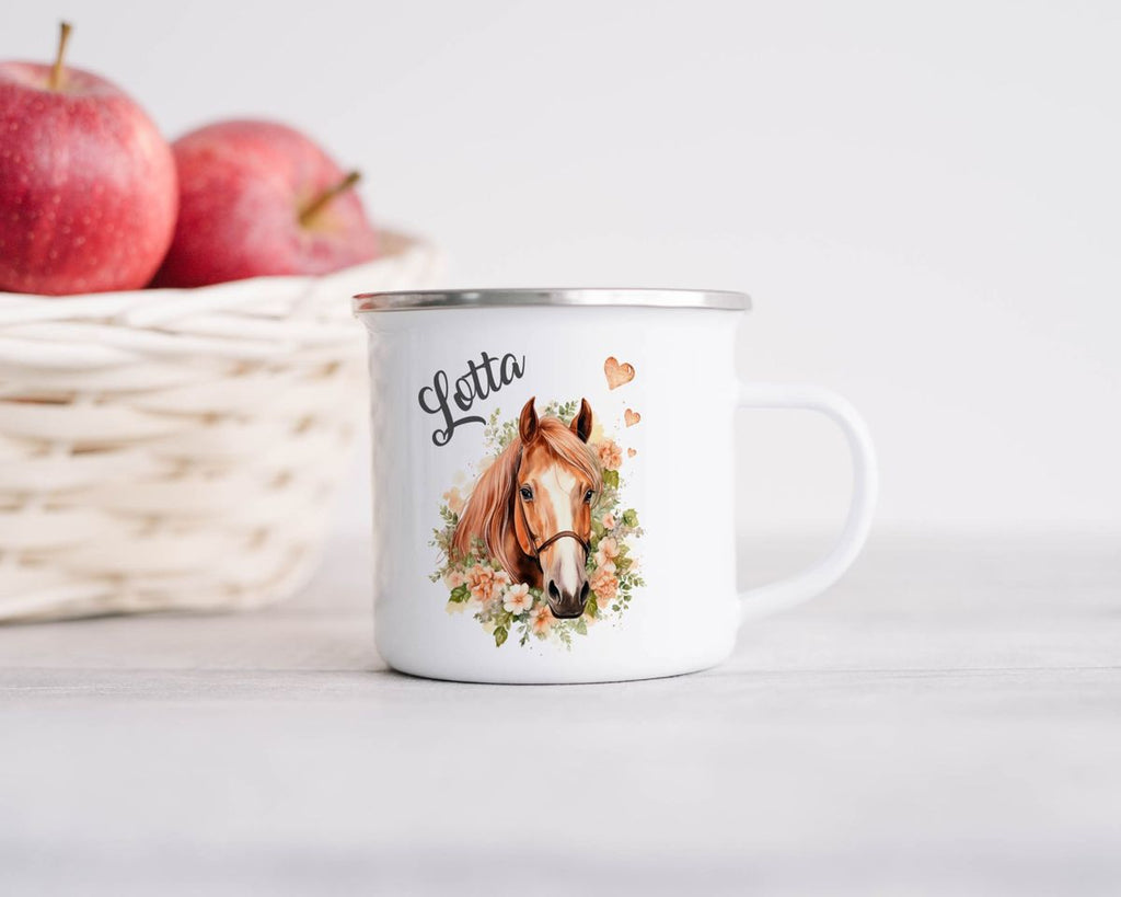 Emaille Tasse Pferd mit Blumen und Wunschname - von Mikalino