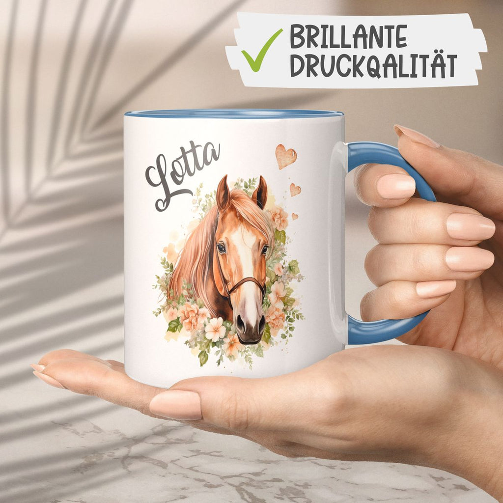 Keramik Tasse Pferd mit Blumen und Wunschname - von Mikalino