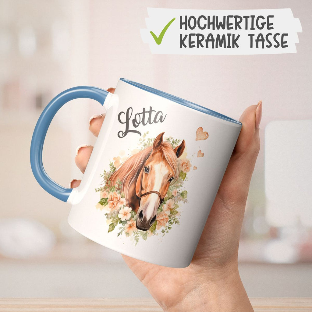 Keramik Tasse Pferd mit Blumen und Wunschname - von Mikalino