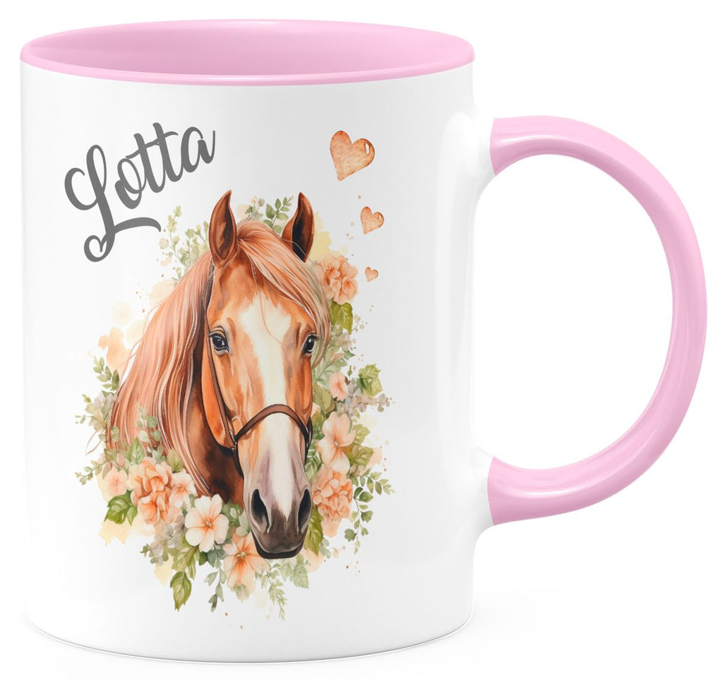 Keramik Tasse Pferd mit Blumen und Wunschname - von Mikalino