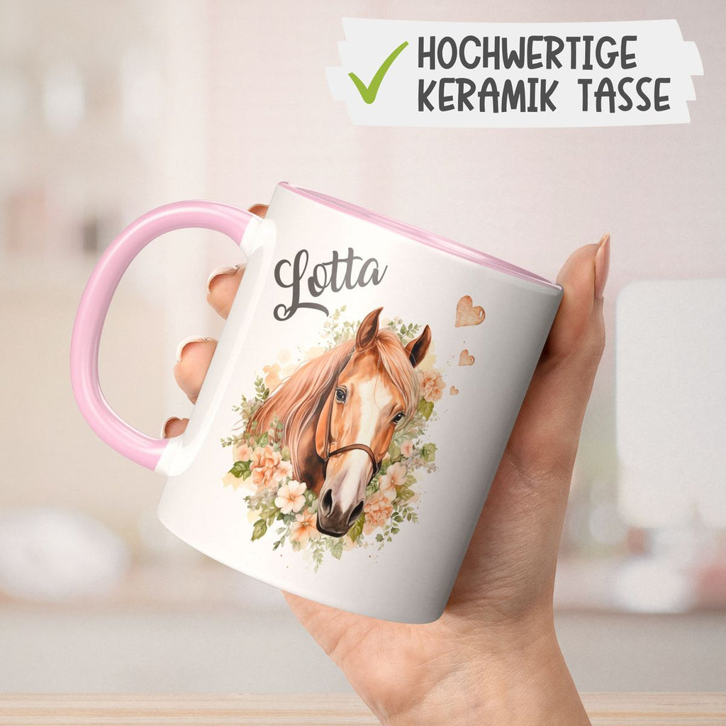 Keramik Tasse Pferd mit Blumen und Wunschname - von Mikalino