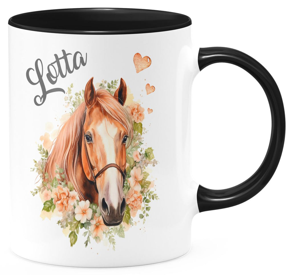 Keramik Tasse Pferd mit Blumen und Wunschname - von Mikalino