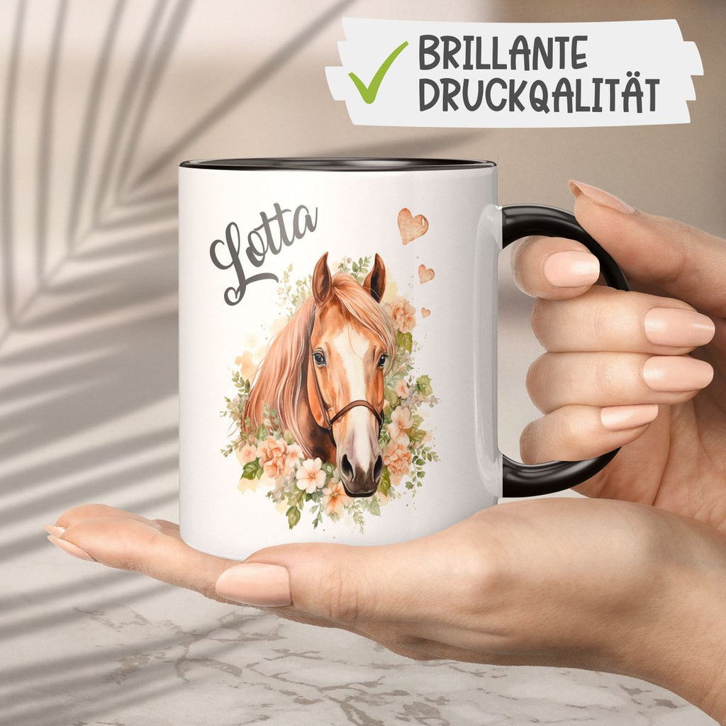 Keramik Tasse Pferd mit Blumen und Wunschname - von Mikalino