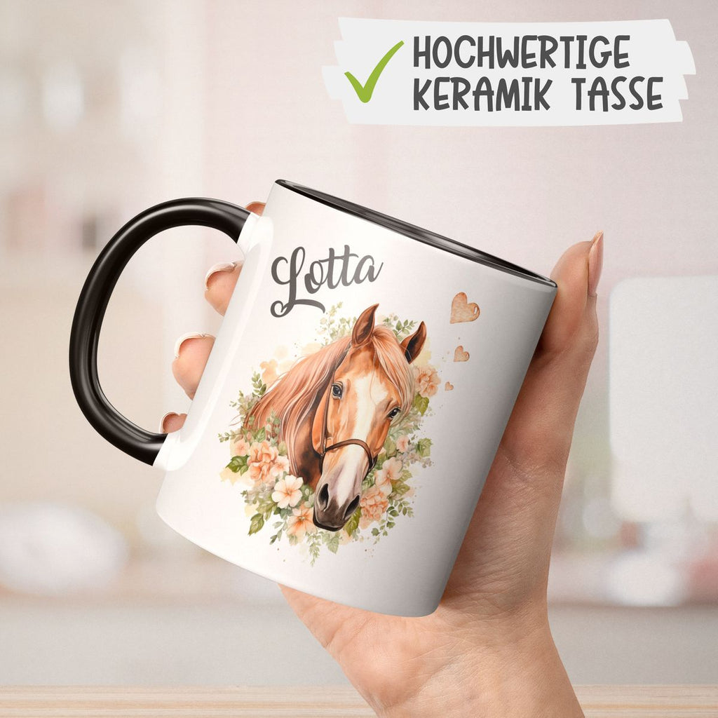 Keramik Tasse Pferd mit Blumen und Wunschname - von Mikalino