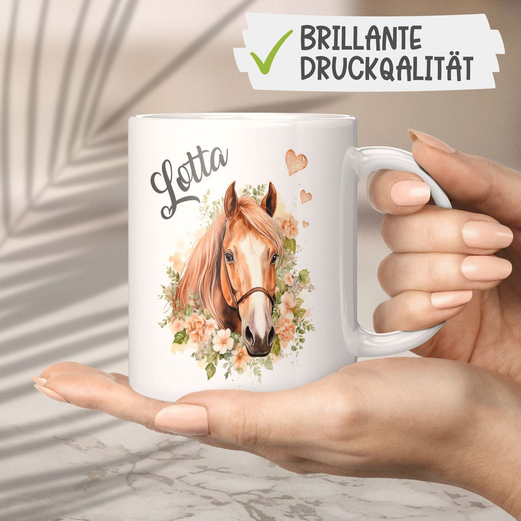 Keramik Tasse Pferd mit Blumen und Wunschname - von Mikalino