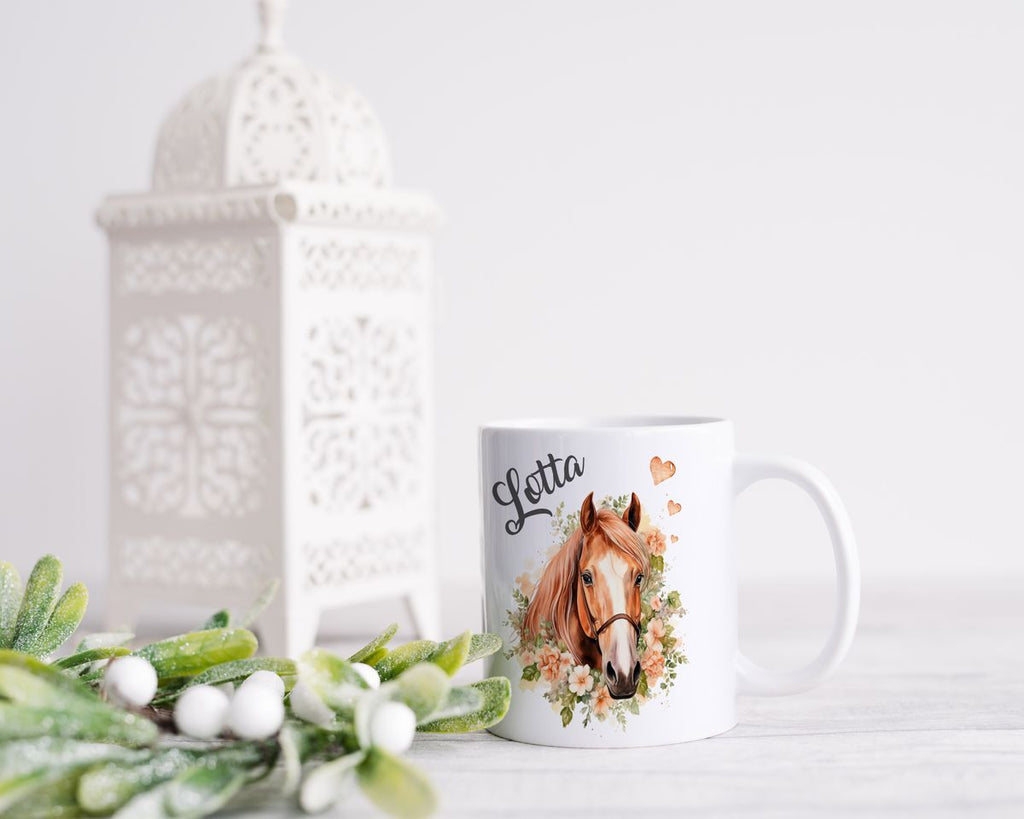 Keramik Tasse Pferd mit Blumen und Wunschname - von Mikalino