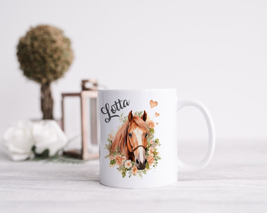 Keramik Tasse Pferd mit Blumen und Wunschname - von Mikalino