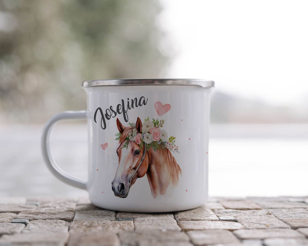 Emaille Tasse Pferd mit Blumen und Wunschname - von Mikalino