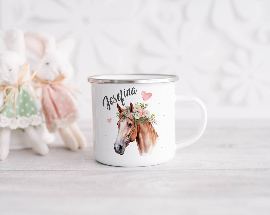 Emaille Tasse Pferd mit Blumen und Wunschname - von Mikalino