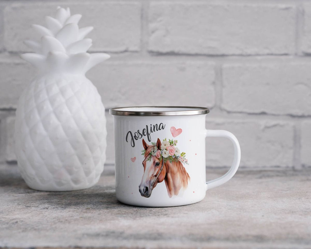 Emaille Tasse Pferd mit Blumen und Wunschname - von Mikalino