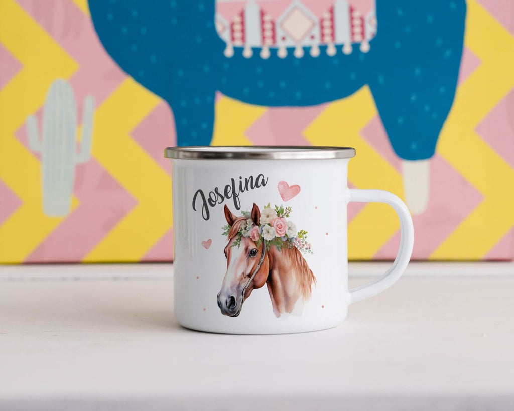 Emaille Tasse Pferd mit Blumen und Wunschname - von Mikalino