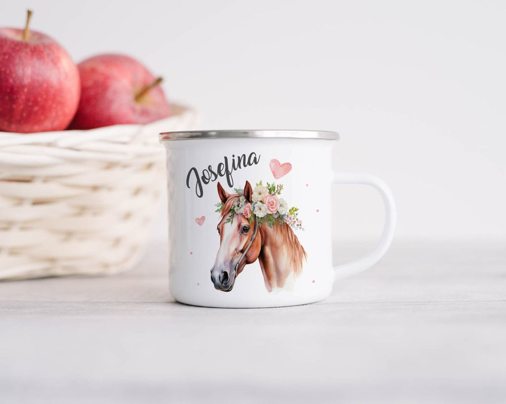 Emaille Tasse Pferd mit Blumen und Wunschname - von Mikalino