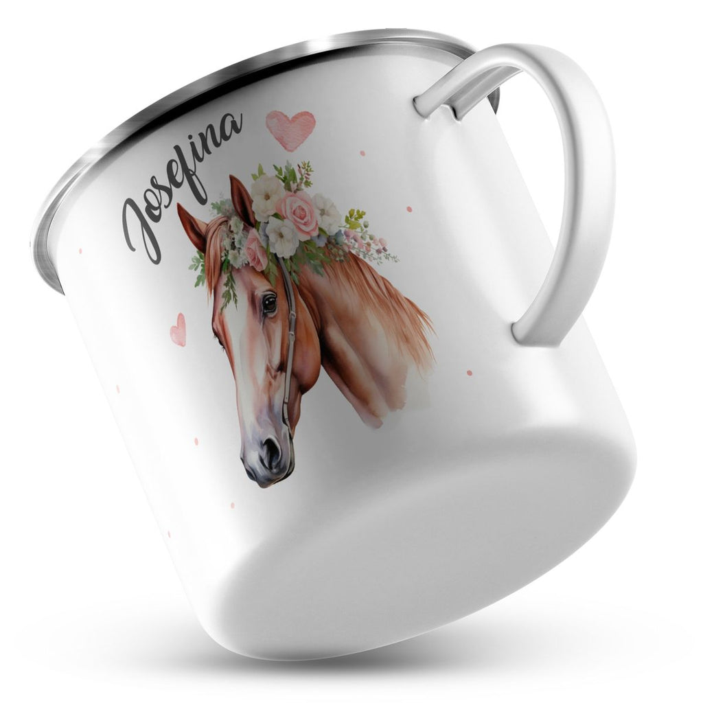 Emaille Tasse Pferd mit Blumen und Wunschname - von Mikalino