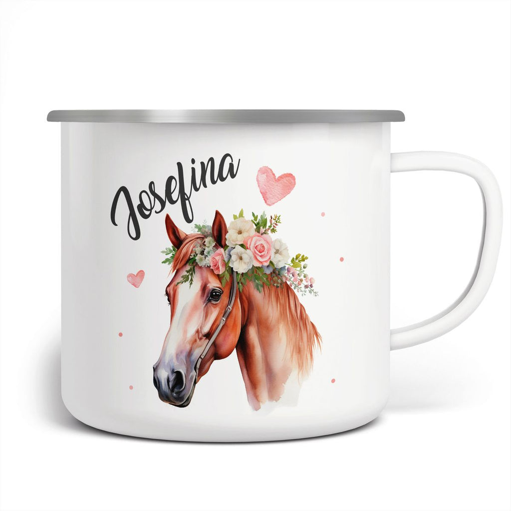 Emaille Tasse Pferd mit Blumen und Wunschname - von Mikalino