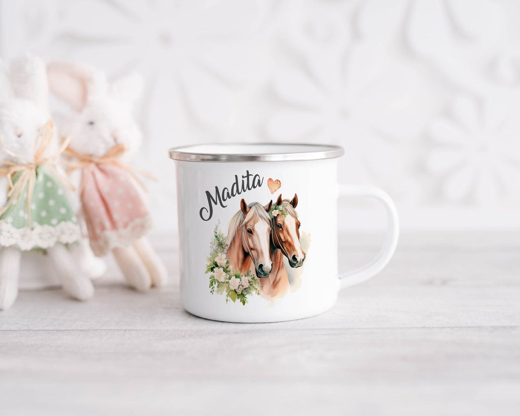 Emaille Tasse Pferd mit Blumen und Wunschname - von Mikalino