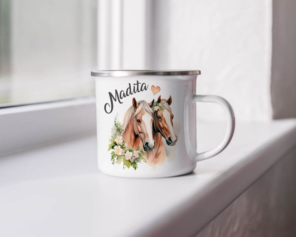 Emaille Tasse Pferd mit Blumen und Wunschname - von Mikalino