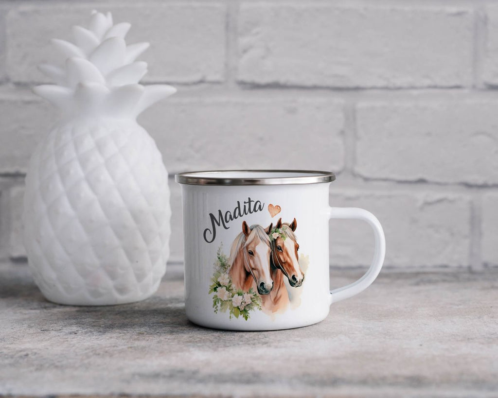 Emaille Tasse Pferd mit Blumen und Wunschname - von Mikalino