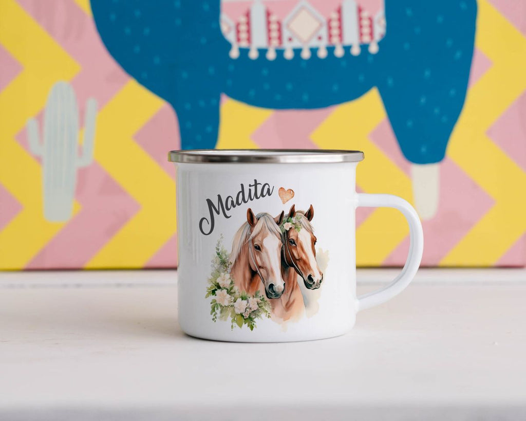 Emaille Tasse Pferd mit Blumen und Wunschname - von Mikalino