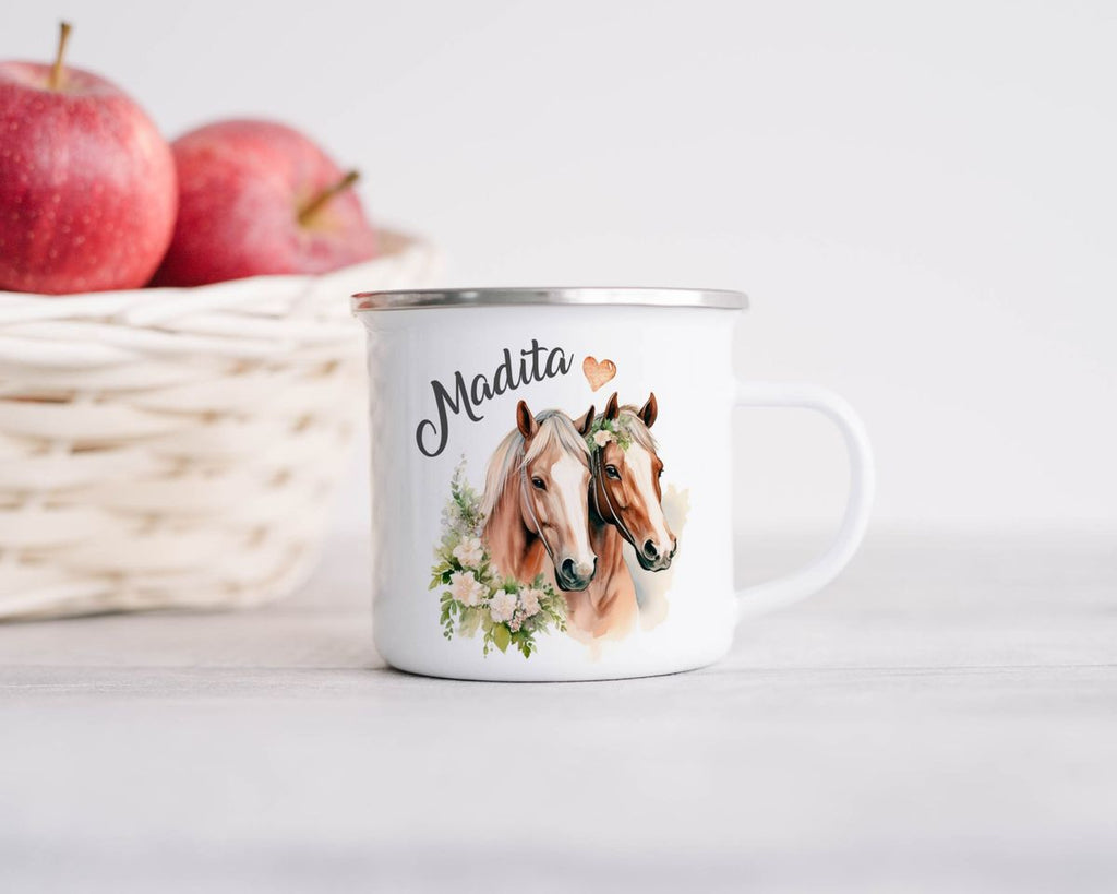 Emaille Tasse Pferd mit Blumen und Wunschname - von Mikalino