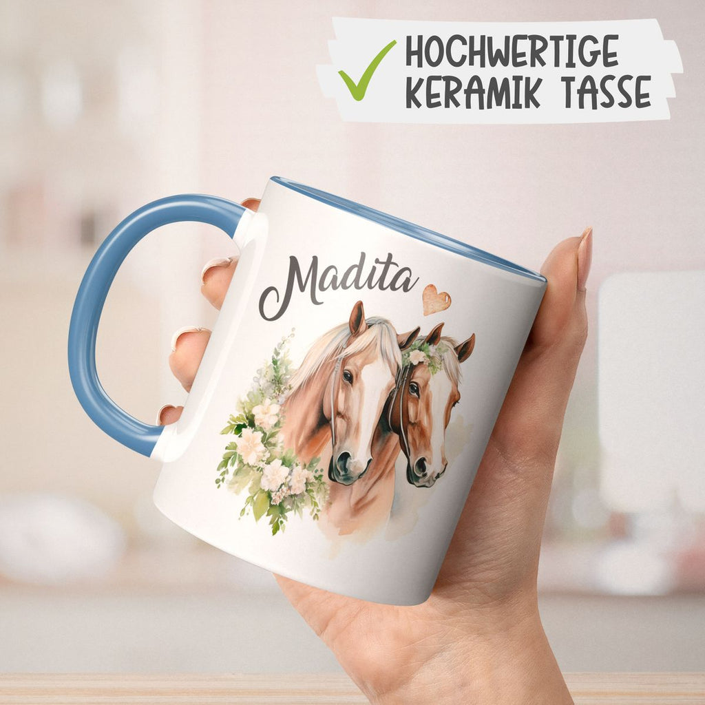 Keramik Tasse Pferd mit Blumen und Wunschname - von Mikalino