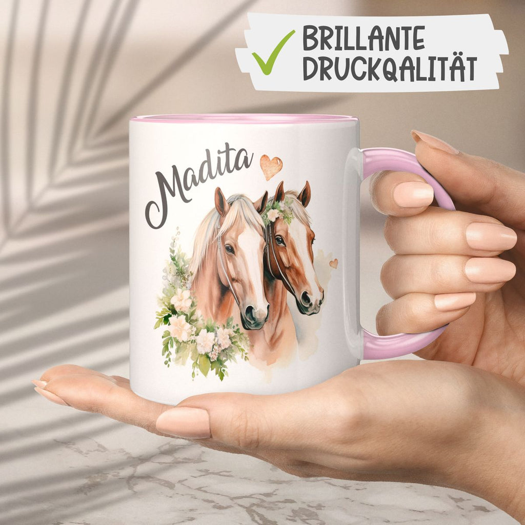 Keramik Tasse Pferd mit Blumen und Wunschname - von Mikalino