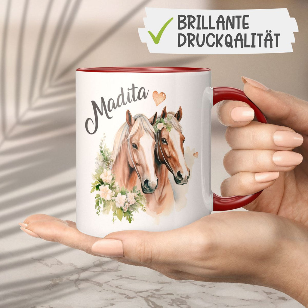 Keramik Tasse Pferd mit Blumen und Wunschname - von Mikalino