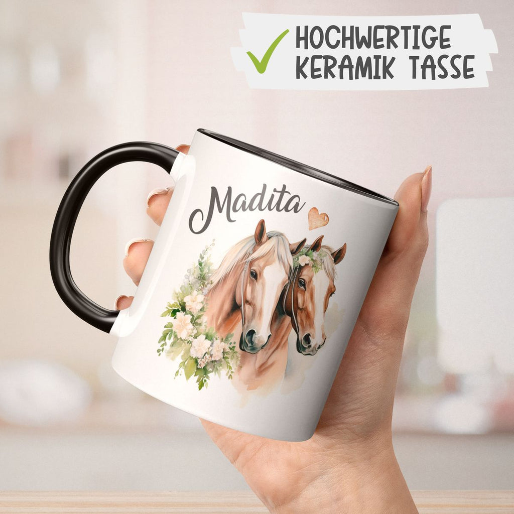 Keramik Tasse Pferd mit Blumen und Wunschname - von Mikalino