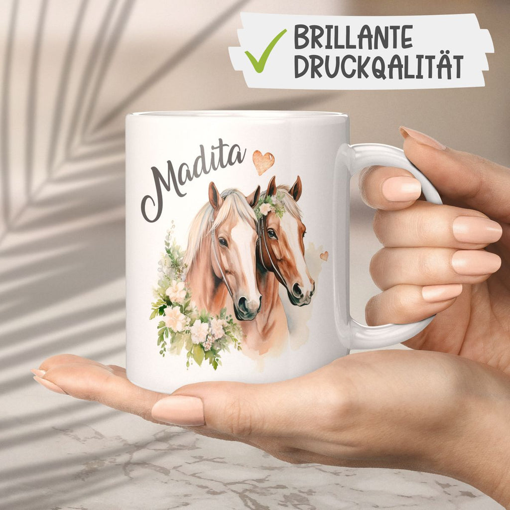 Keramik Tasse Pferd mit Blumen und Wunschname - von Mikalino