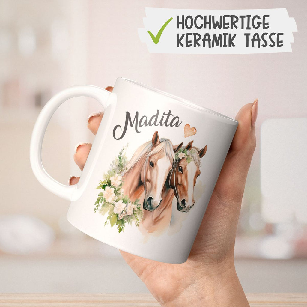 Keramik Tasse Pferd mit Blumen und Wunschname - von Mikalino