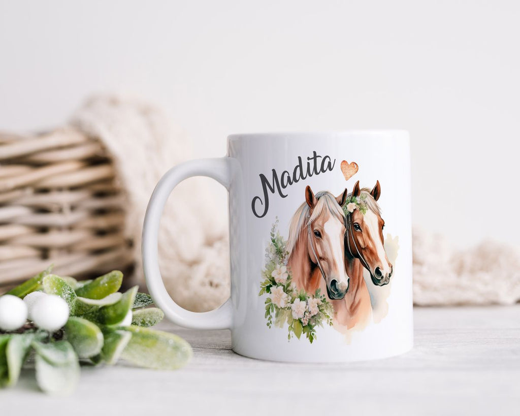 Keramik Tasse Pferd mit Blumen und Wunschname - von Mikalino