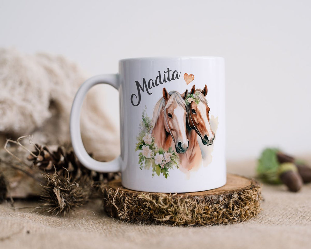 Keramik Tasse Pferd mit Blumen und Wunschname - von Mikalino