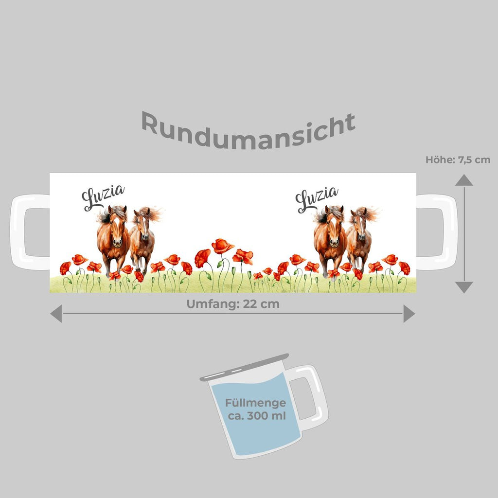 Emaille Tasse Zwei Pferde auf Blumenwiese und Wunschname - von Mikalino