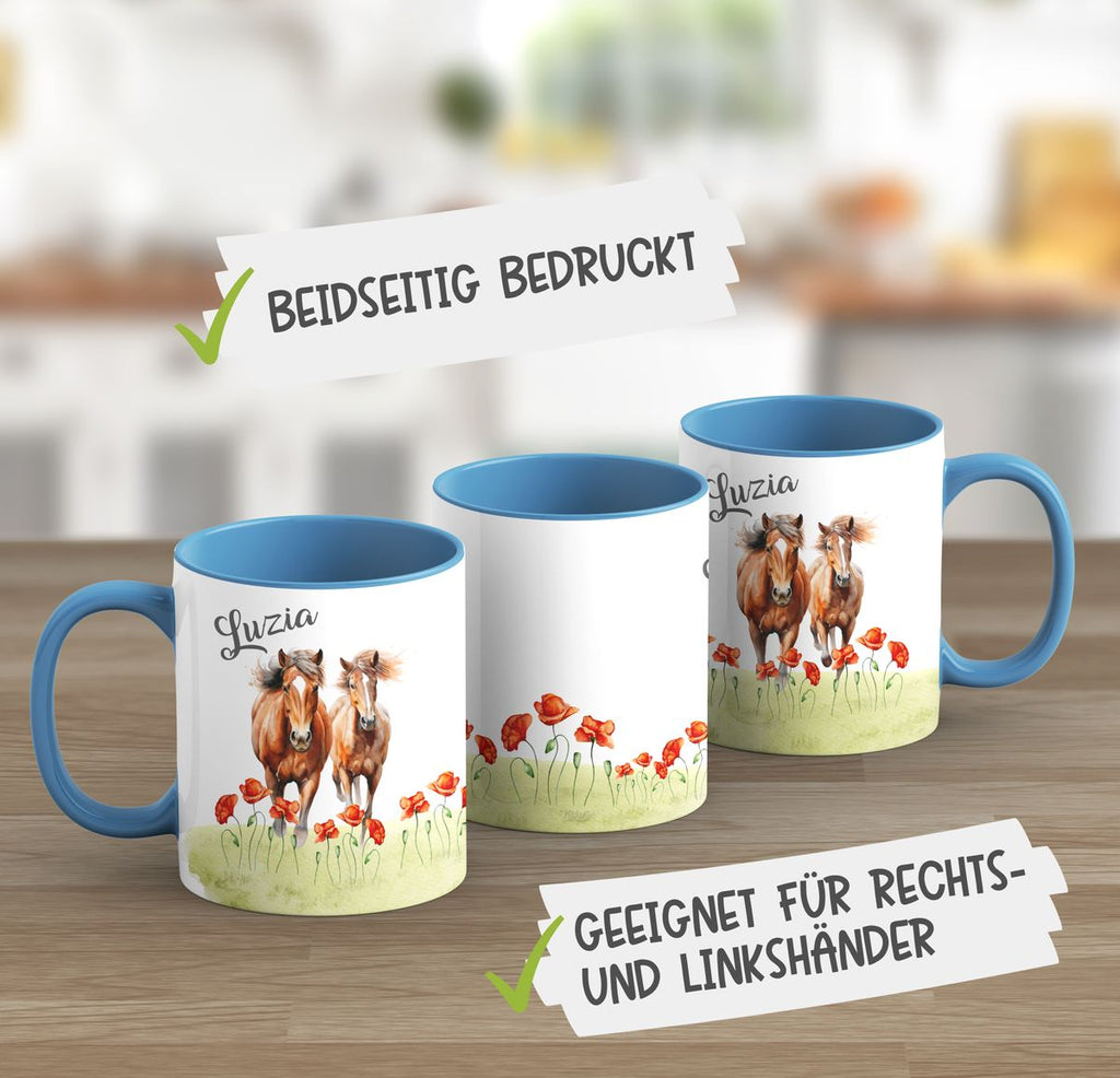 Keramik Tasse Zwei Pferde auf Blumenwiese und Wunschname - von Mikalino