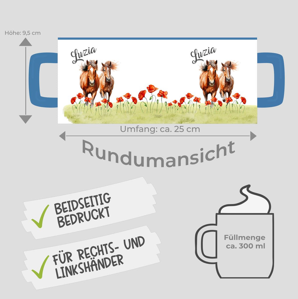 Keramik Tasse Zwei Pferde auf Blumenwiese und Wunschname - von Mikalino