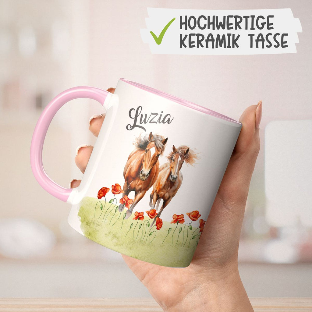 Keramik Tasse Zwei Pferde auf Blumenwiese und Wunschname - von Mikalino