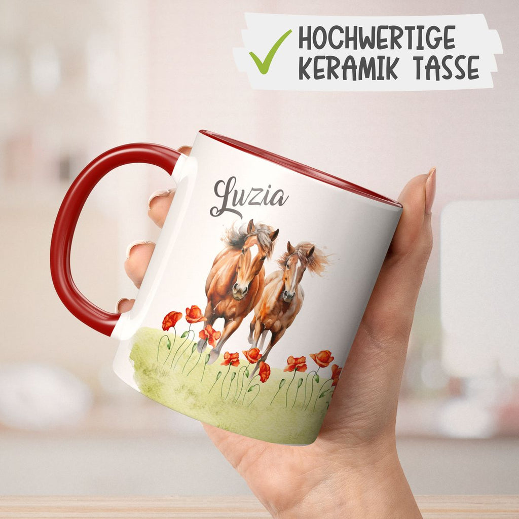 Keramik Tasse Zwei Pferde auf Blumenwiese und Wunschname - von Mikalino