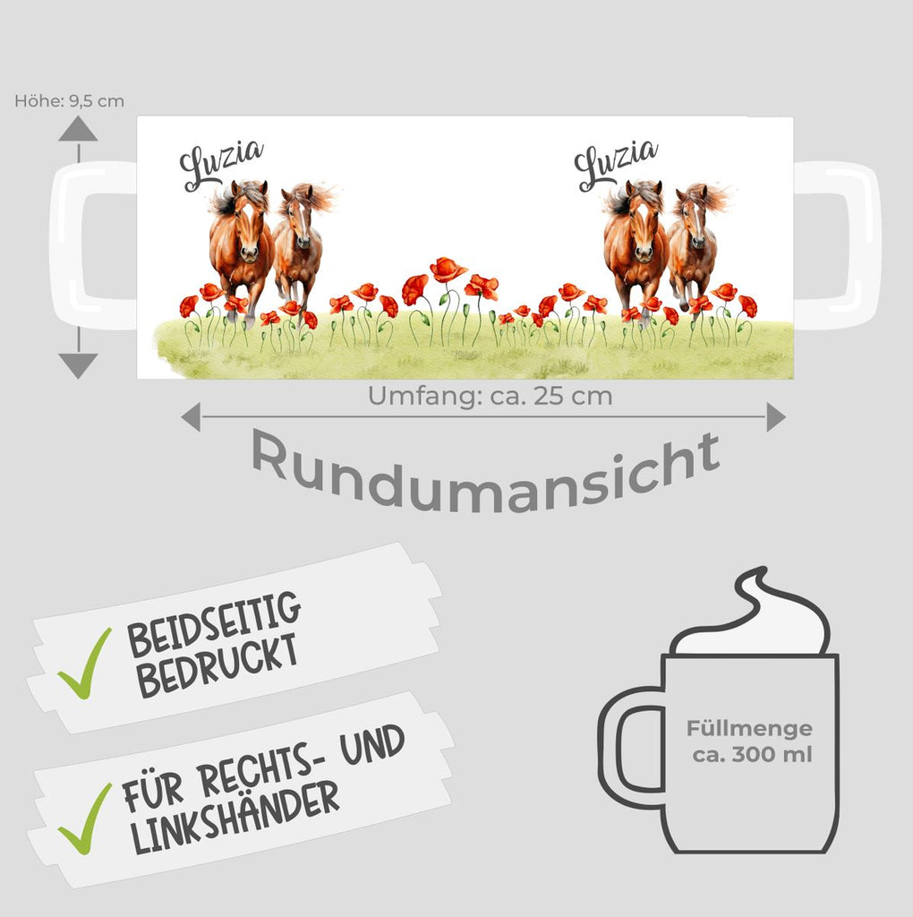 Keramik Tasse Zwei Pferde auf Blumenwiese und Wunschname - von Mikalino