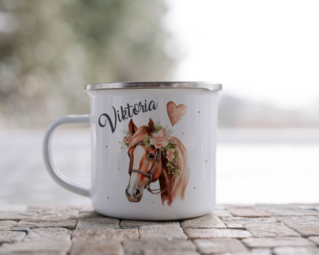 Emaille Tasse Pferd mit Blumen und Wunschname - von Mikalino