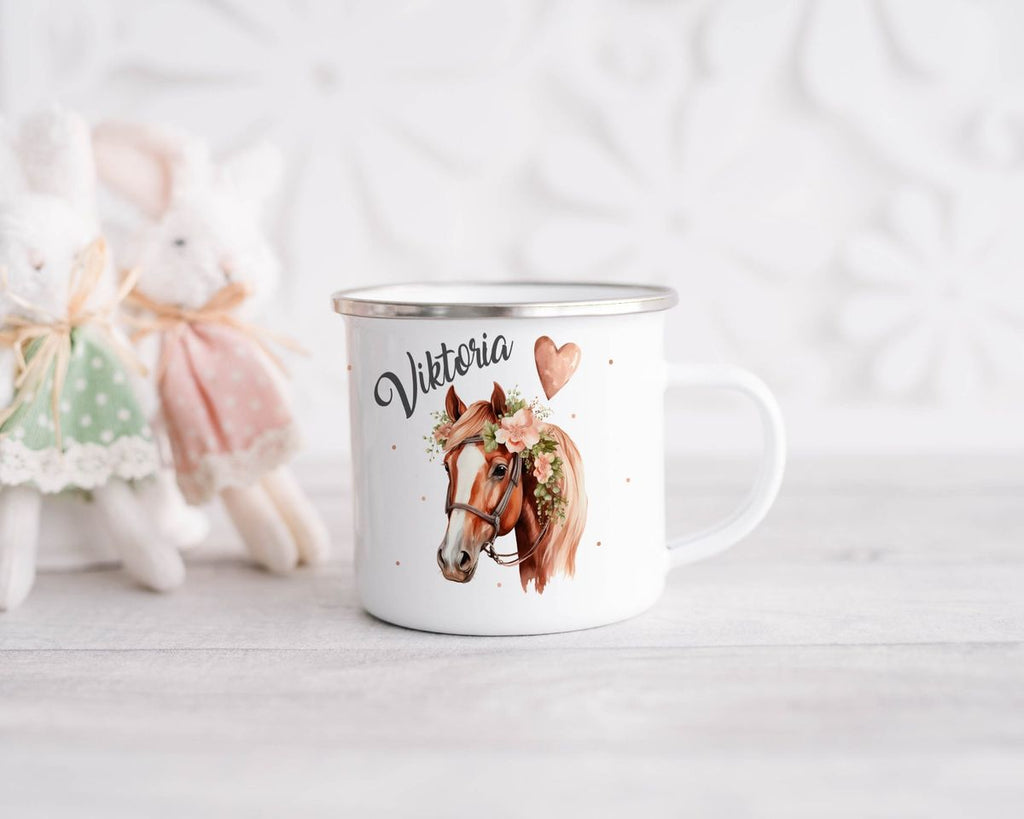 Emaille Tasse Pferd mit Blumen und Wunschname - von Mikalino