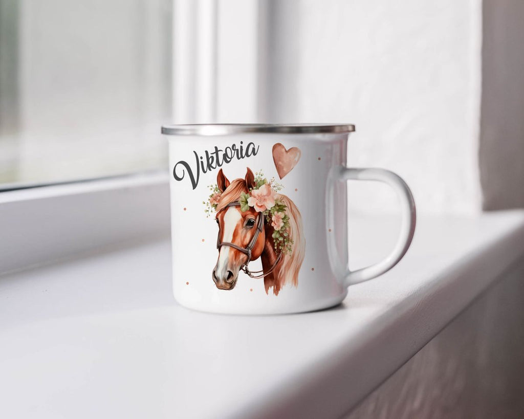 Emaille Tasse Pferd mit Blumen und Wunschname - von Mikalino